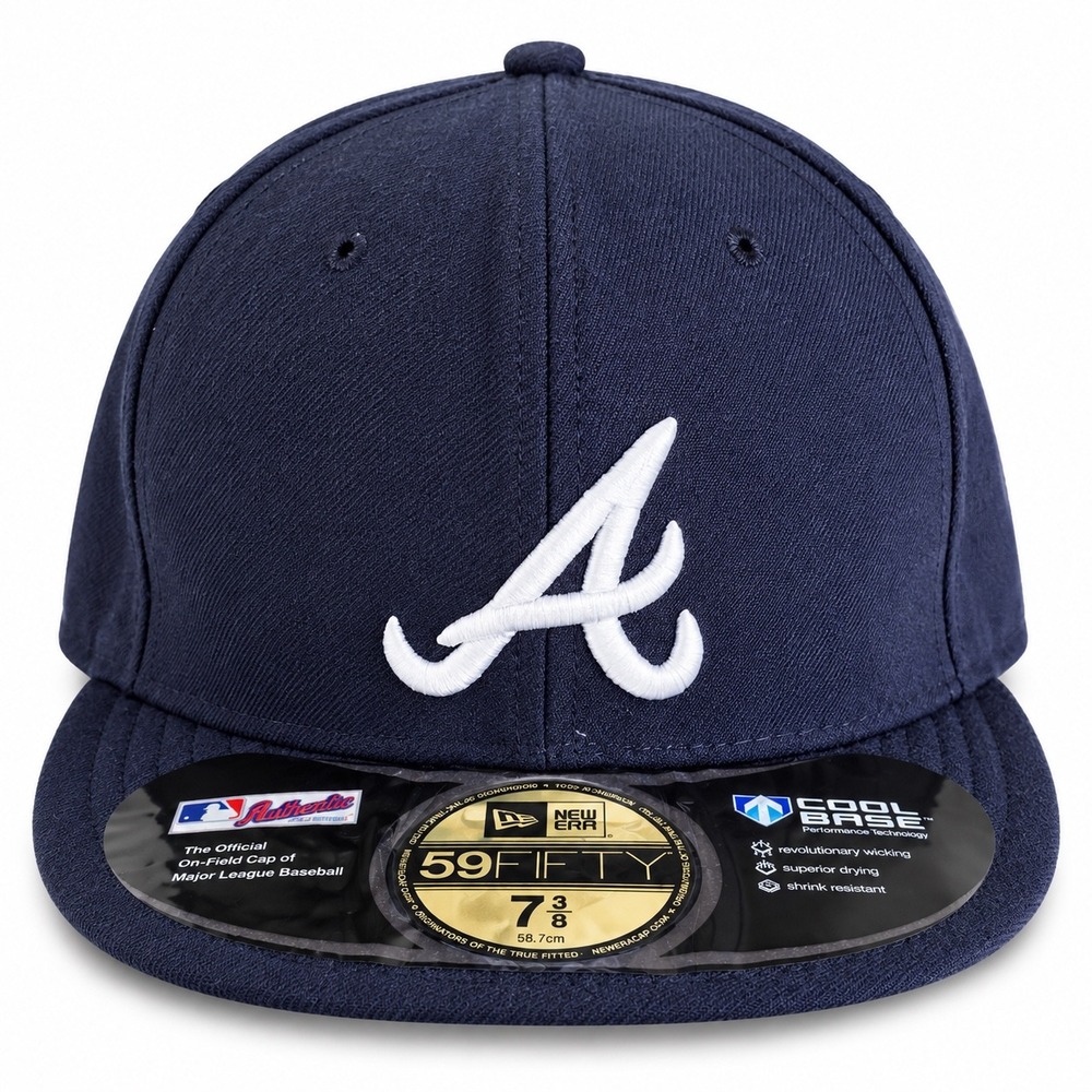 New Era 59Fifty Atlanta Braves Fitted Cap 7 3/8 Nav SAD Embroidered on Field